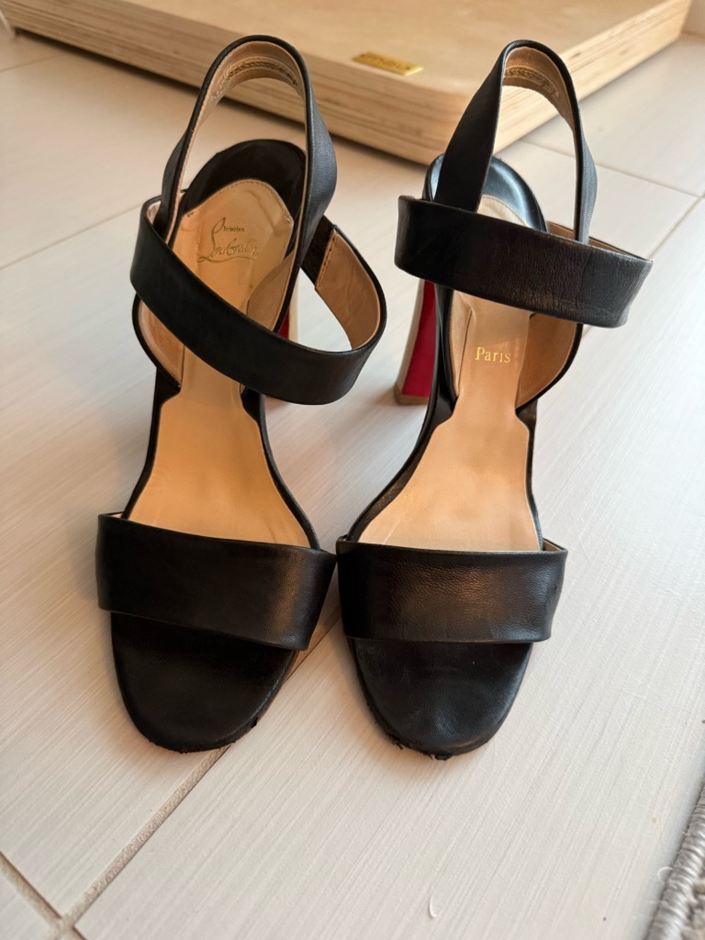 Christian Louboutin Black Leather Double-Strap Slingback Heels